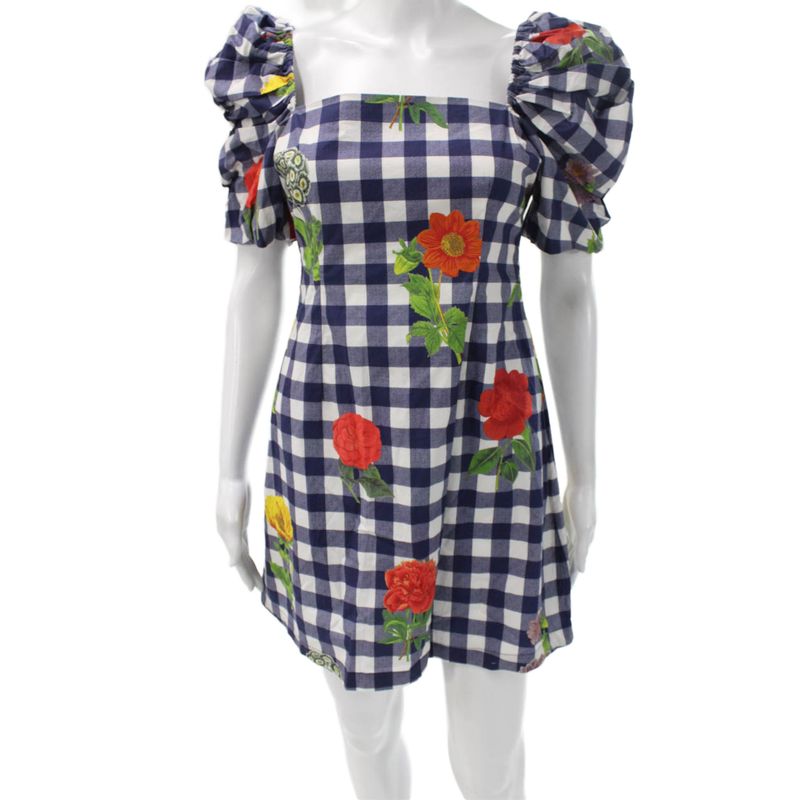 Cara Cara Women Blue Gingham Square Neck Mini Dress Short Sleeve Cotton Size S